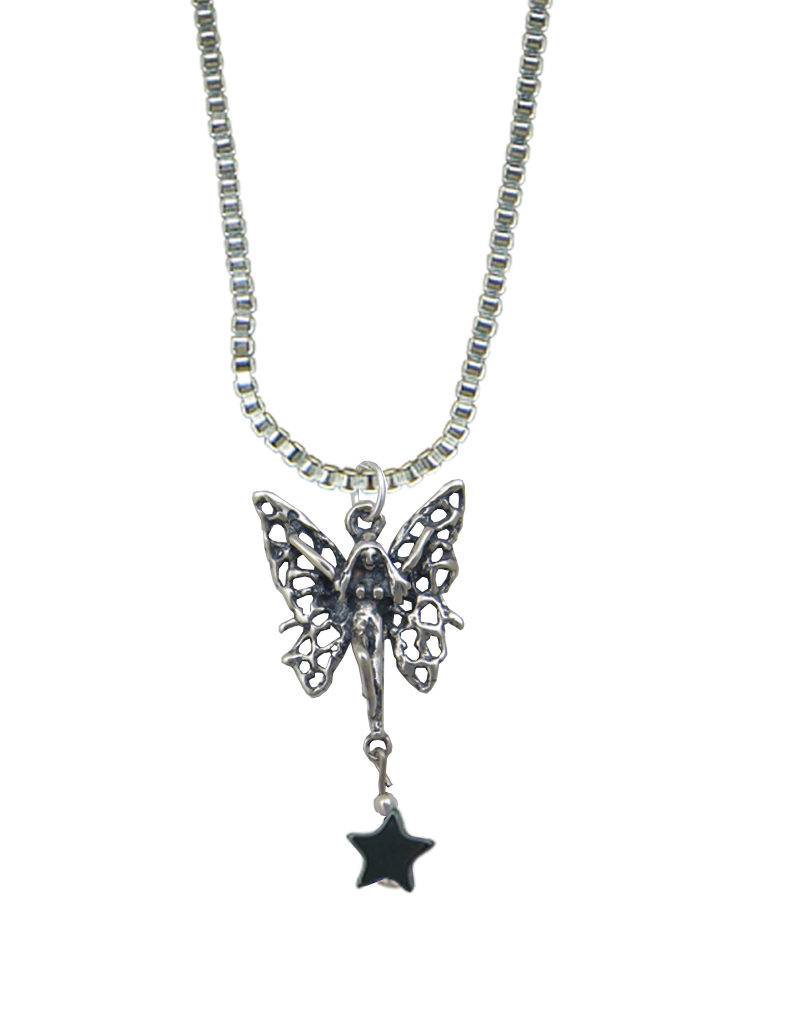 Sterling Silver Filigree Happy Butterfly Fairy Pendant With Lucky Gray Star